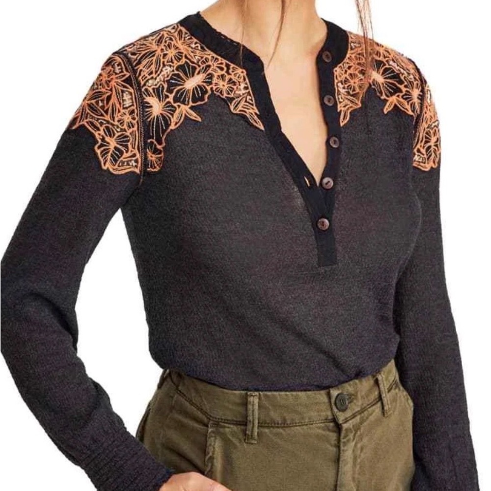 Free People Easy Breezy Floral Appliqué Long Sleeve Henley Size Medium